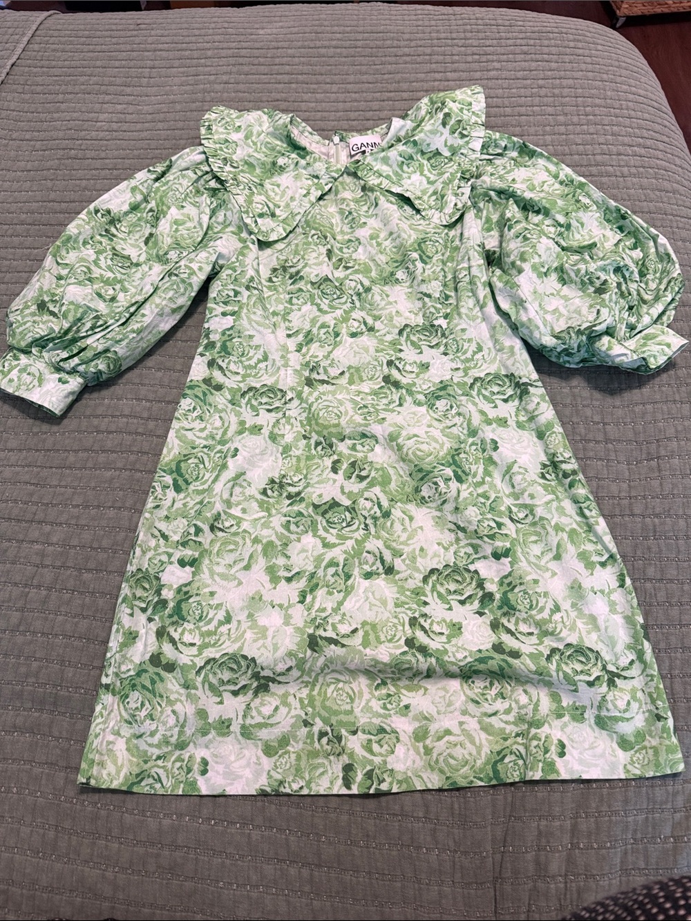Ganni Green and White Floral Puff-Sleeve Dress